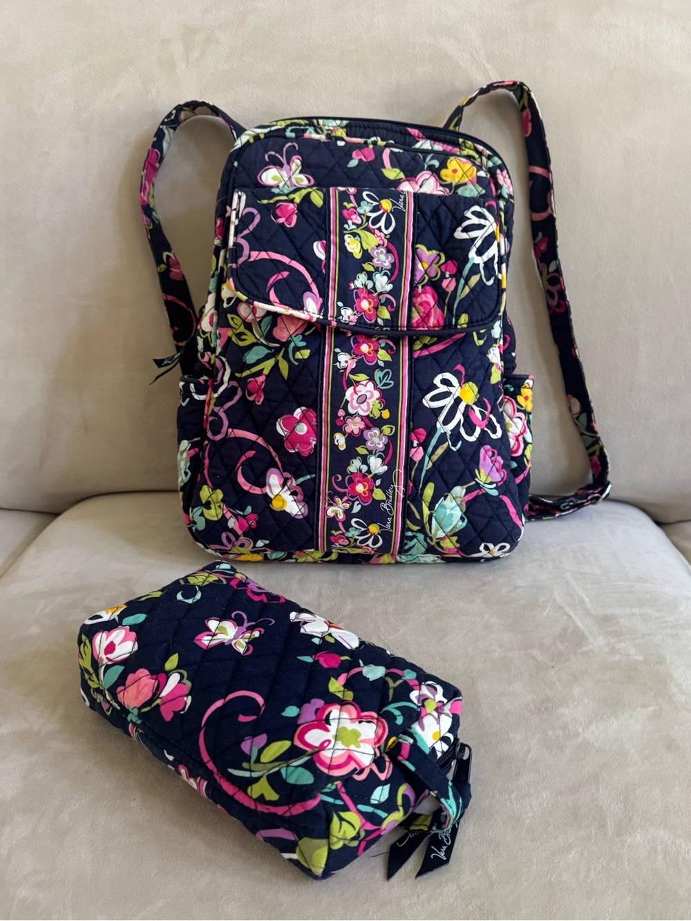 Vera Bradley Ribbons Backpack & Matching Cosmetic Case Retired Pattern Excellent